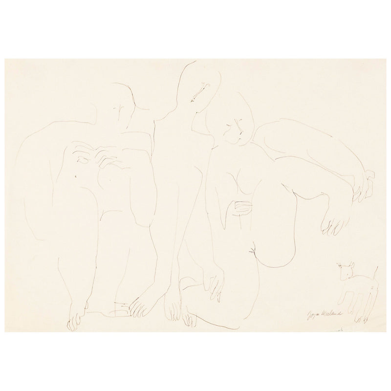 JOYCE WIELAND "TRIO WITH CAT" DRAWING, 1965