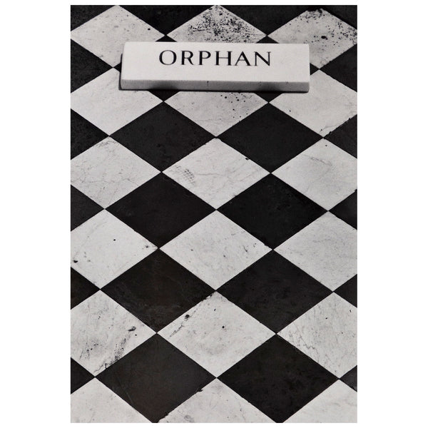 Sophie Callie "Orphan" Gelatin silver print, 1994. "Orphan" is a poignant example of the artist's inquiry into death, loss, and departure. The photograph features a close crop of a black and white checkered tombstone with an inscription plaque that reads, 'Orphan.'     