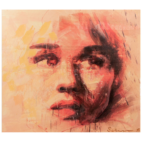 Famous Canadian painter Tony Scherman "My Girlfriend Ophelia" Encaustic giclee monoprint" 2017. Portrait of a woman executed in a warm, light-bathed palette.