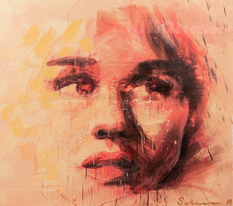 Famous Canadian painter Tony Scherman "My Girlfriend Ophelia" Encaustic giclee monoprint" 2017. Portrait of a woman executed in a warm, light-bathed palette.