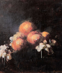 Famous Canadian painter Tony Scherman "Peaches" Encaustic giclee monoprint" 2012. Sumptuous painting of fruit illuminated by light.