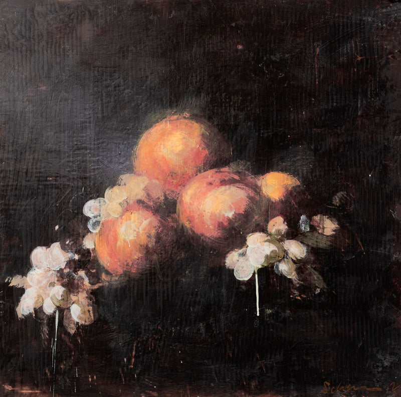 Famous Canadian painter Tony Scherman "Peaches" Encaustic giclee monoprint" 2012. Sumptuous painting of fruit illuminated by light.