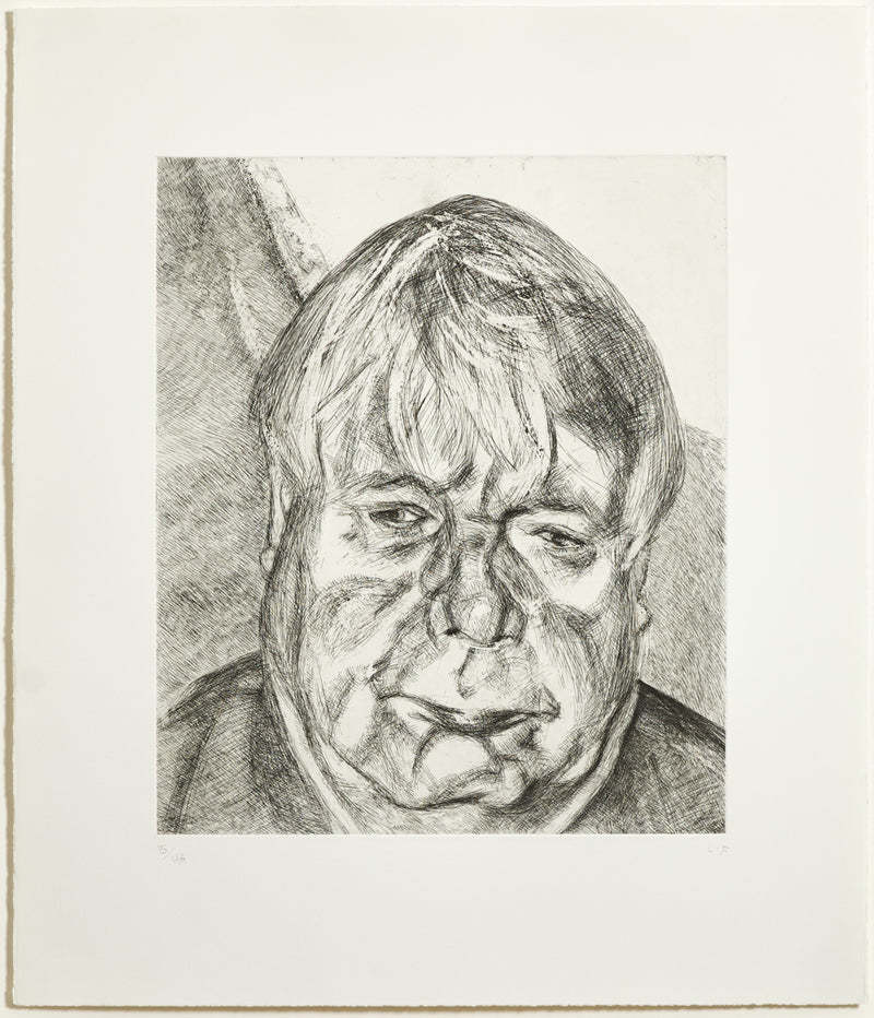 Black and white print by famous British artist Lucien Freud "Donegal Man" Etching, 2006.