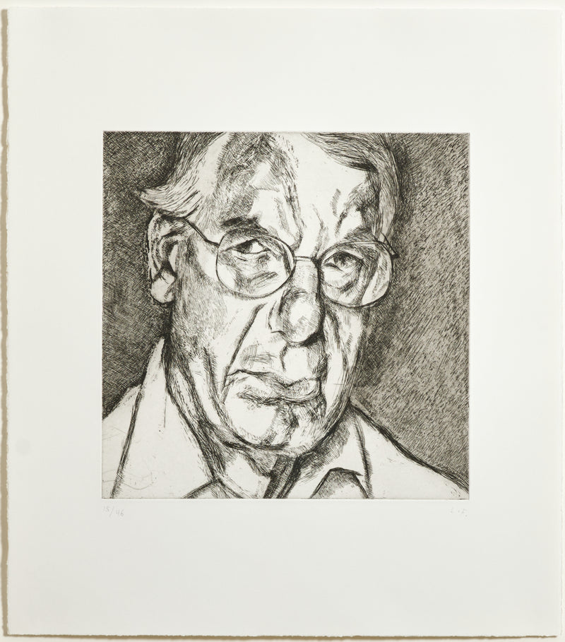 Black and white print by famous British artist Lucien Freud "The New Yorker" Etching, 2006.