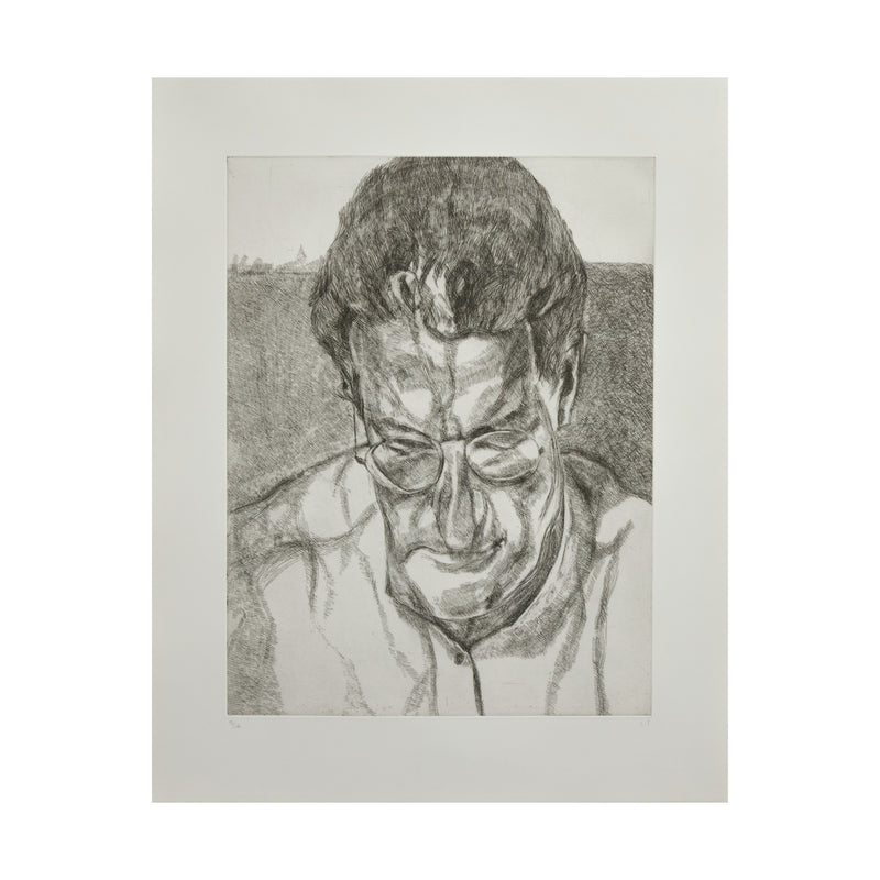 Black and white print by famous British artist Lucian Freud "The Painter's Doctor" Etching, 2005.