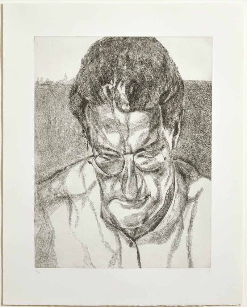 Black and white print by famous British artist Lucian Freud "The Painter's Doctor" Etching, 2005.