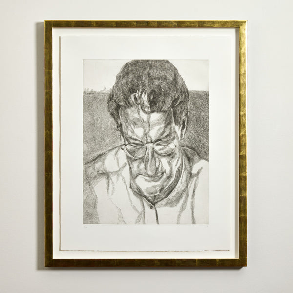 Black and white print by famous British artist Lucien Freud "The Painter's Doctor" Etching, 2005.