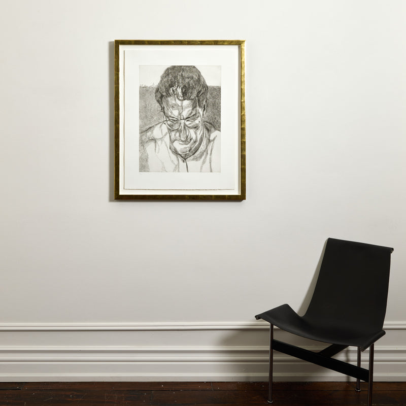 Black and white print by famous British artist Lucian Freud "The Painter's Doctor" Etching, 2005.