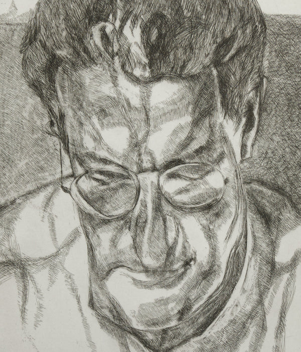 Black and white print by famous British artist Lucien Freud "The Painter's Doctor" Etching, 2005.